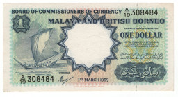 Malaya & British Borneo 1 Dollar 1959
P# 8a, N# 202268; # A/19 308484; XF