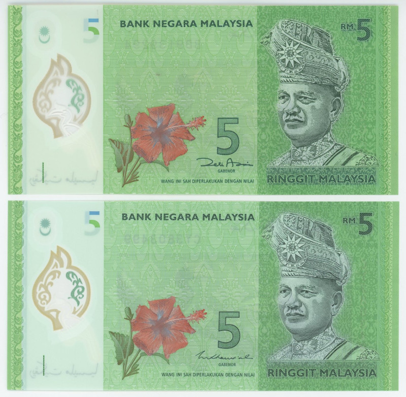 Malaysia 2 x 5 Ringgit 2012 - 2021 (ND)
P# 52a, c, N# 203263; Polymer; UNC