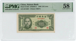 China Hainan Bank 20 Cents 1949 (38) PMG 58 Choice About UNC
P# S1455, # 274907