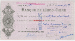 China Banque de l'Indo-Chine Cheque for 70 Francs Peking Beijing Agency 1923
# 120; Payable at Comptoir National d'Escompte de Paris; VF
