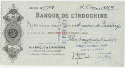 China Banque de l'Indo-Chine Cheque for 300 Francs Peking Beijing Agency 1923
# 1743; Payable at Banque de l'Indochine; VF