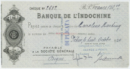 China Banque de l'Indochine Cheque for 150 Francs Peking Beijing Agency 1923
# 2612; Payable at Societe Generale; VF