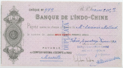 China Banque de l'Indo-Chine Cheque for 200 Francs Peking Beijing Agency 1923
# 979; Banque de l'Indochine or Banque de l'Indo-Chine ("Bank of Indoch...