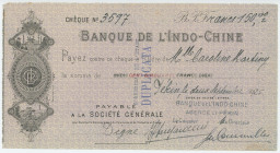 China Banque de l'Indo-Chine Cheque for 150 Francs Peking Beijing Agency 1925
# 3597; Payable at Societe Generale; VF