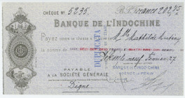 China Banque de l'Indochine Cheque for 202,85 Francs Peking Beijing Agency 1927
# 5235; Payable at Societe Generale; VF