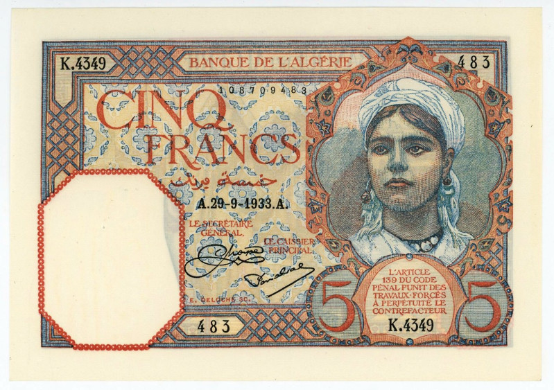 Algeria 5 Francs 1933
P# 77a, N# 207711; # K.4349 483; UNC