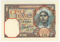 Algeria 5 Francs 1933
P# 77a, N# 207711; # K.4349 483; UNC