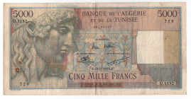 Algeria 5000 Francs 1953
P# 109b, N# 242513; # U.1150 729; VF- with tears