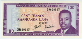 Burundi 100 Francs 1990
P# 29c, N# 205848; # DH899683; UNC
