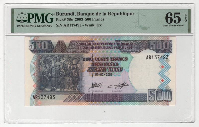 Burundi 500 Francs 2003 PMG 65 Gem Uncirculated EPQ
P# 38c, # AR197493