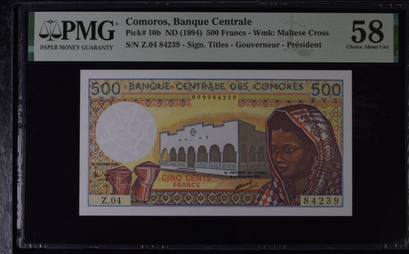 Comoros 500 Francs 1994 PMG 58 Choice About Unc
P# 10b, # Z.04 84239