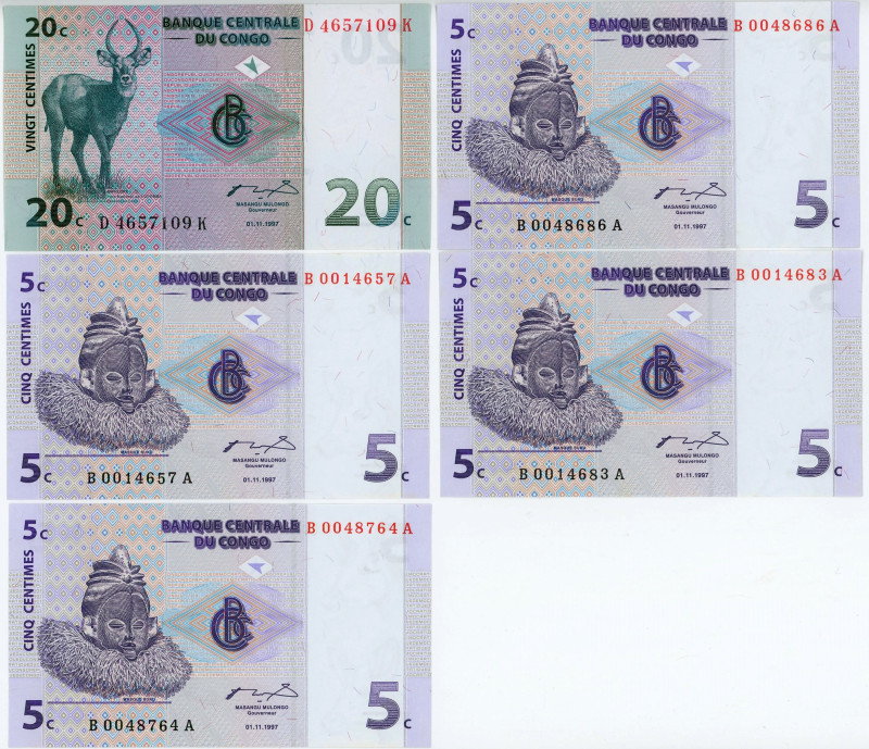Congo Democratic Republic Lot of 5 Banknotes 1997
P# 81, 83, UNC