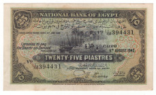 Egypt 25 Piastres 1942
P# 10c, N# 212133; # L/68 394431; XF+