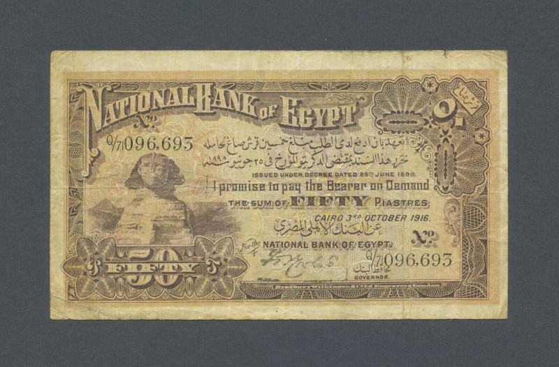 Egypt 50 Piastres 1916
P# 11, # Q/71 096693; F-VF
