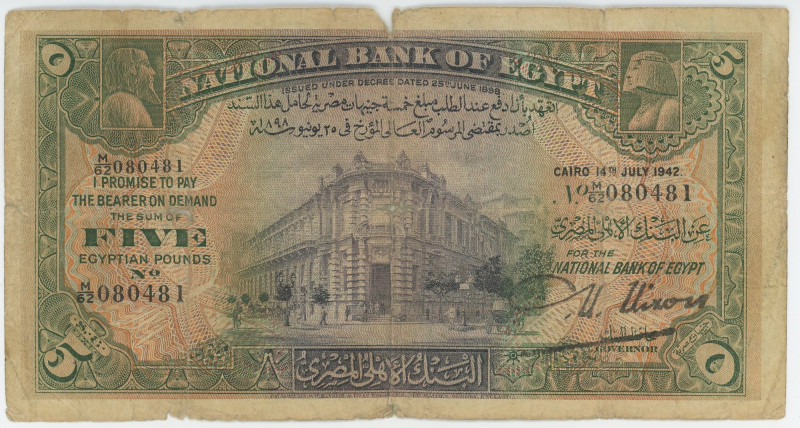Egypt 5 Pounds 1942
P# 19c, N# 220278; # M/62 080481; G