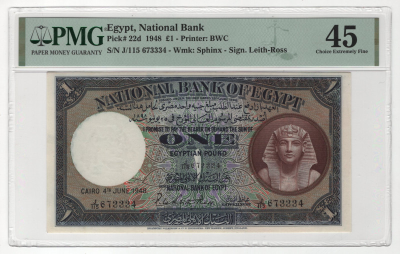 Egypt 1 Pound 1948 PMG 45 Choice Extremely Fine
P# 22d, N# 207652; # J/115 6733...