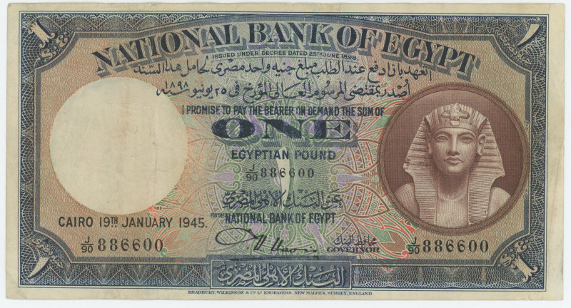 Egypt 1 Pound 1945
P# 22e, N# 207652; # J/90 886600; G