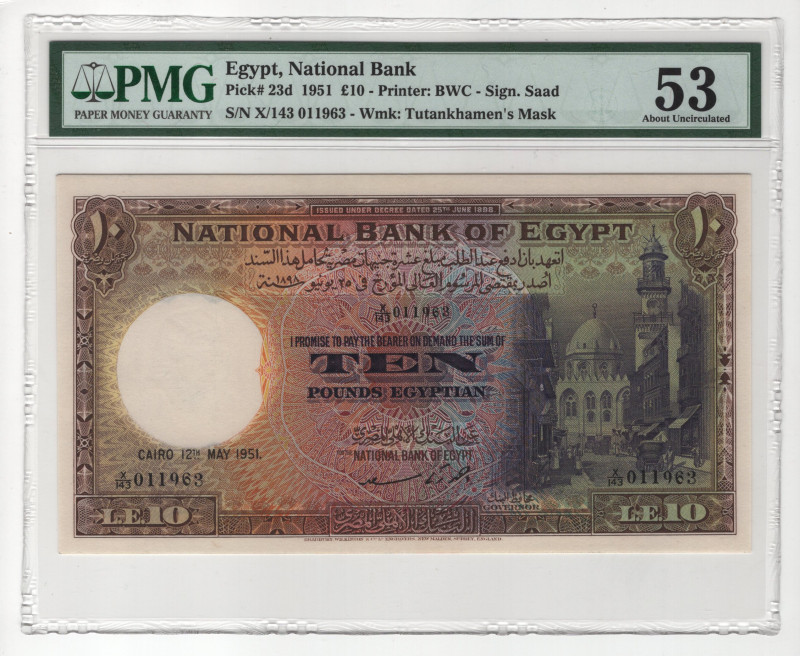 Egypt 10 Pounds 1951 PMG 53 About UNC
P# 23d, N# 220284; # X/143 011963; Printe...