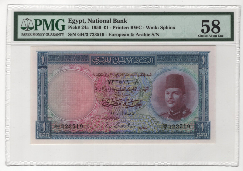 Egypt 1 Pound 1950 PMG 58 Choice About UNC
P# 24a, N# 211760; # GH/3 723519; Pr...