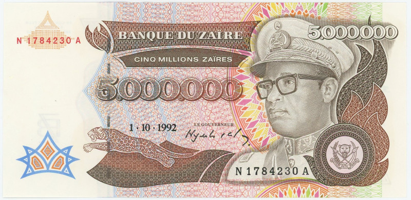 Zaire 5000000 Zaires 1992
P# 46a, N# 208137; # N1784230A; UNC