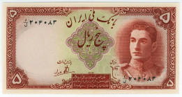 Iran 5 Riyals 1944 (ND)
P# 39, N# 210601; # 1/J 204083; UNC
