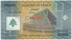 Lebanon 50000 Livres 2014 Commemorative
P# 97, N# 216120; # D/00 0012052; 50 Years Bank Of Lebanon; UNC