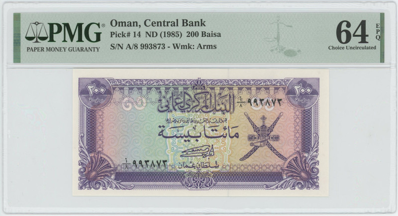 Oman 200 Baisa 1985 (ND) PMG 64 Choice UNC
P# 14, N# 205798; # A/8 993873; UNC