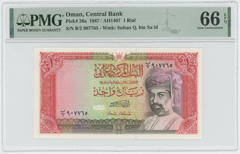 Oman 1 Rial 1987 AH 1407 PMG 66 EPQ Gem UNC
P# 26a, N# 210407; # B/2 907765; UN...
