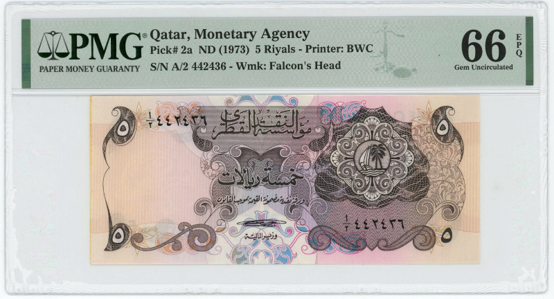 Qatar 5 Riyals 1973 (ND) PMG 66 EPQ Gem UNC
P# 2a, N# 224833; # A/2 442436; Pri...