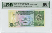 Qatar 10 Riyals 1980 (ND) PMG 66 EPQ Gem UNC
P# 9, N# 203026; # D/15 690156; Printer: TDLR; UNC
