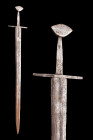 NORMAN IRON BRAZIL-NUT POMMEL SWORD

 Ca. 1000-1100 AD
 An iron sword with a distinctive Brazil nut pommel, Oakeshott type A. The cross guard is lo...