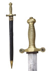 A FRENCH M1850 FOOT ARTILLERY SHORT SWORD AND SCABBARD

 Ca. 1850 AD
 Shortsword of the canteen women with a brass ribbed hilt, diamond-shaped stra...