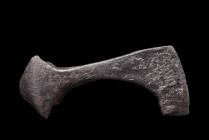 VIKING IRON AXE HEAD

 Ca. 900-1100 AD
 An iron axe-head of the Petersen B type is characterized by its long, down-facing bearded blade, which is c...