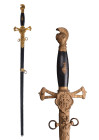 AN AMERICAN MASONIC SWORD KNIGHTS TEMPLAR SHERWOOD FOREST

 Ca.late 19th century AD
 Brass knight-helmet-shaped pommel and cross guard featuring a ...