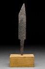 VIKING IRON SEAX BLADE

 Ca. 900-1000 AD
 An iron seax blade with a straight cutting edge and sharply angled back, the tang offset from the blade. ...