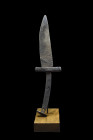 MEDIEVAL IRON KNIFE/DAGGER

 Ca. 13th-15th century AD
 An iron dagger with sleek single-edged blade exudes elegance and simplicity, while the strai...
