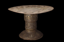 LARGE COPPER TRAY STAND WITH GILDED SILVER AND GOLD FIGURES

 Safavid or Mughul period, ca. 17th century AD
 A large copper tray with a stand, intr...