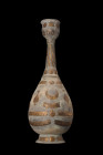 SELJUK DECORATED LEAD FLASK

 Ca. 13th century AD
 A flask of inverted piriform shape, with its gradual tapering towards the cylindrical neck and d...