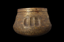 ISLAMIC BRASS BOWL WITH ANIMALS

 Ca. 17th-19th century AD
 A brass vessel featuring a rounded base, high sides that gracefully taper to a mouth. T...