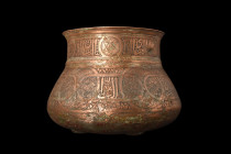 TIMURID DECORATED COPPER BOWL

 Ca. 14th century AD
 A copper bowl featuring a rounded base on top of three small feet. Its sides gradually taper t...