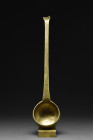 SELJUK BRONZE LADLE

 Ca. 1100-1200 AD
 A brass ladle with a deep, round bowl featuring high sides that ensure a generous capacity, ideal for servi...