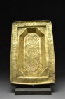 SELJUK BRASS TRAY

 Ca. 1200 AD
 A rectangular-shaped brass table-top tray with a wide lip and an octagonal central recess featuring three roundels...