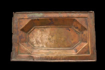 SELJUK BRONZE RECTANGULAR TRAY

 Ca. 1200 AD
 A beautiful tray hammered from a thin sheet of bronze into a rectangular shape with a shallow basin a...
