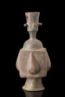 ABBASID BRONZE DECORATED BOTTLE

 Ca. 800-900 AD
 A bronze bottle featuring a piriform body, which is accented by rectangular-shaped plaques with r...