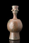 ABBASID BRONZE DECORATED BOTTLE

 Ca. 800-900 AD
 A bronze flask exhibiting an exquisite form, characterized by an apple-shaped body that gracefull...