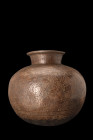 ISLAMIC BRASS DECORATED VESSEL

 Ca. 17th-19th century AD
 A large vessel with a globular body and rounded base, and a short, funnel-shaped neck wi...