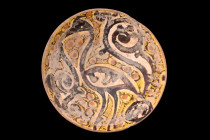 NISHAPUR POTTERY BOWL WITH A BIRD

 Ca. 900-1000 AD
 This pottery bowl boasts a broad and rather shallow body, standing on a low ring foot. At the ...