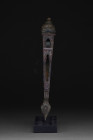 SELJUK SILVERED PEN CASE IN A SIMILAR SHAPE TO A HELMET NOSE GUARD

Levant or Persia, Ca. 12th century AD.
A richly decorated silvered bronze porta...