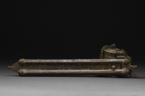 MUGHAL BRASS QALAMDAN - PEN CASE

 India Ca. 19th century AD
 A portable brass case with two capped tubes for pens and an inkwell. The tubes are li...