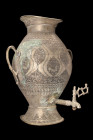 ISLAMIC TINNED COPPER WATER DISPENSER

 Ca. 17th-19th century AD
 A tinned copper water vessel with a tap is a stunning example of the exquisite cr...